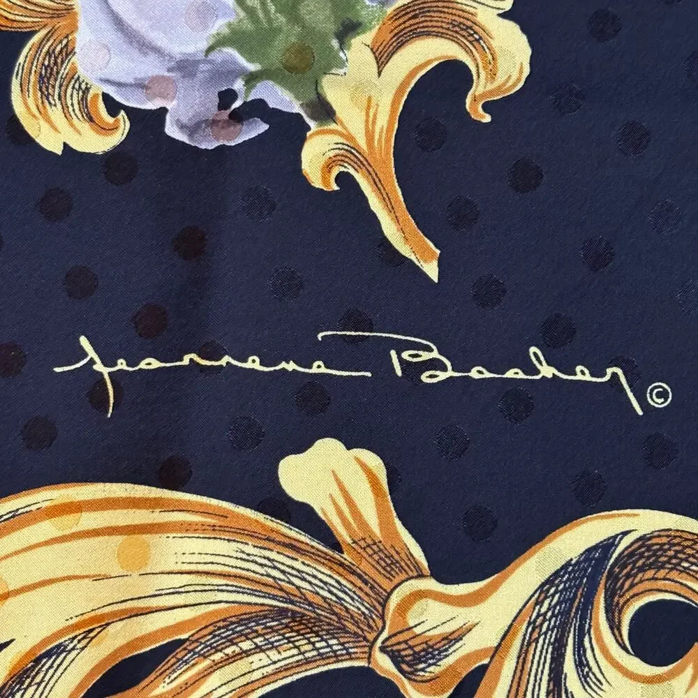 Jeannene Booher silk scarf large square satin brocade black gold & white floral